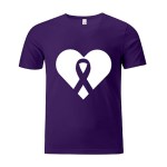 A purple t-shirt with a white heart with the silhouette of a purple awareness ribbon in the middle.