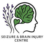 The Seizure and Brain Injury Centre logo featuring cartoon purple lavender on the left, the silhouette of a person facing right with a green brain on the right and a small green heart at the base of the brain. The entire logo is on a white background with the words "Seizure and Brain Injury Centre" in plain black text at the bottom of the image